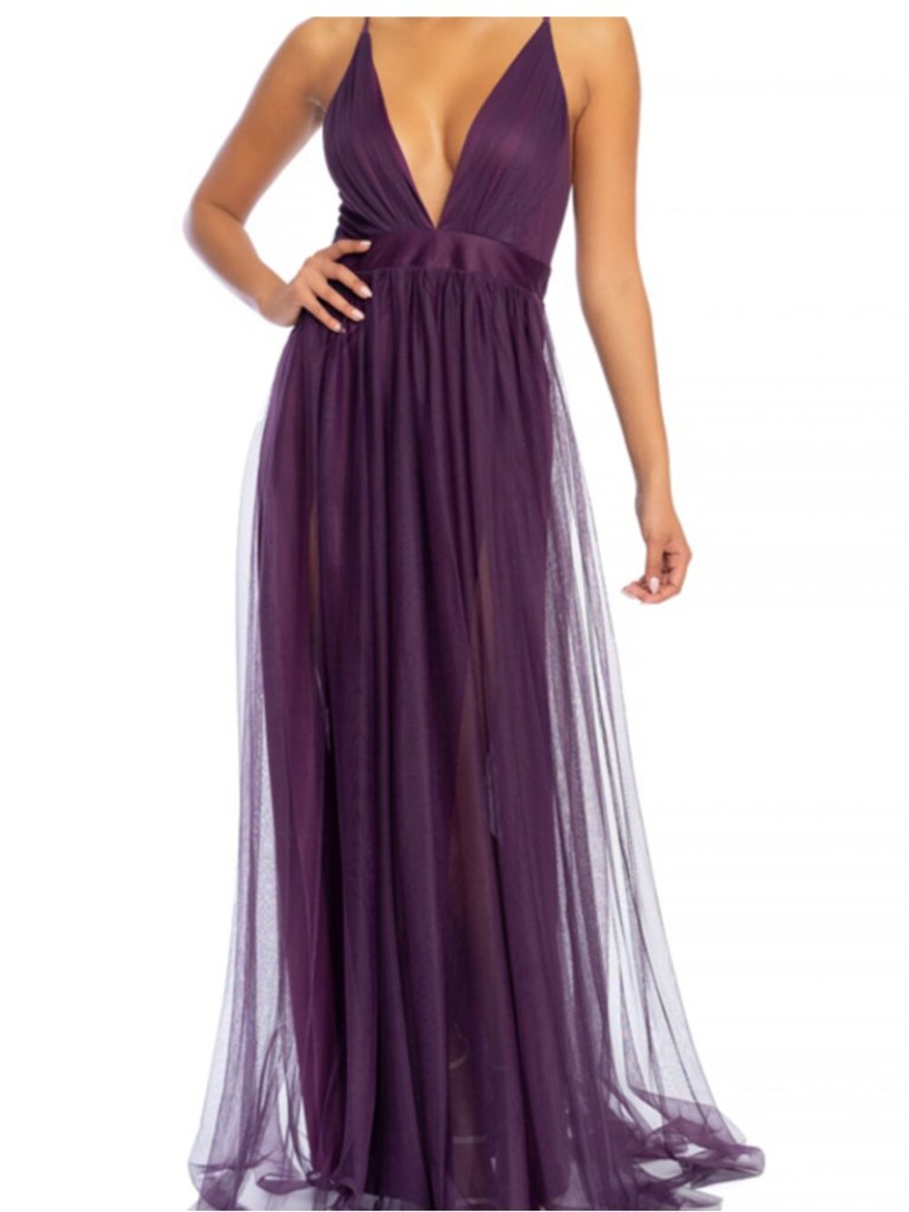 PROM Evening Dress Aubergine Purple Flow Sheer Long Dress Selena Luxxel Medium